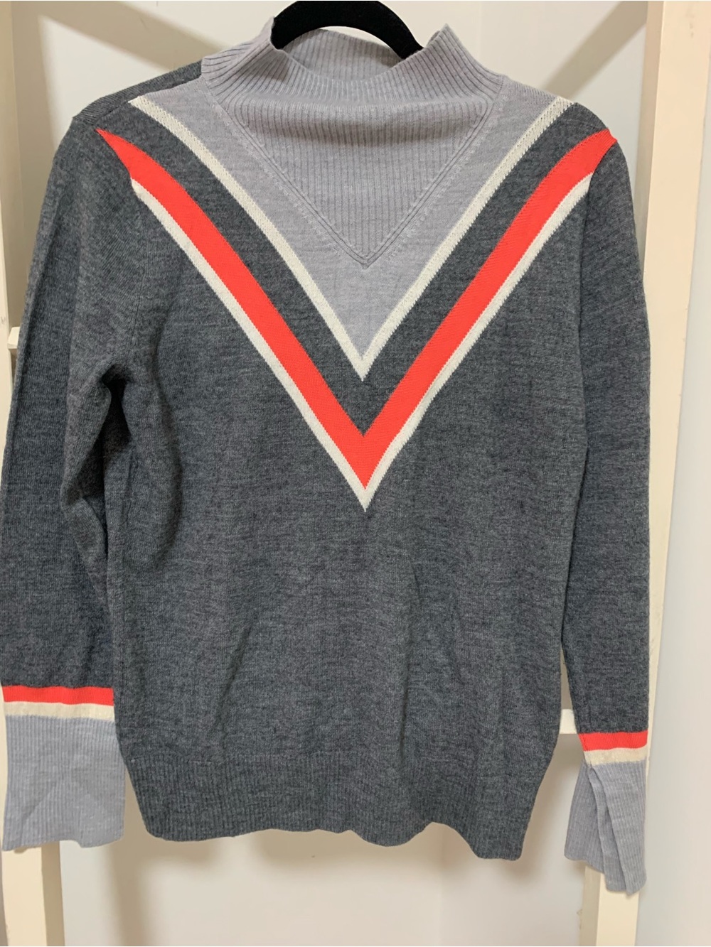 Max Studio Gray Chevron Mock Neck Sweater wool blend with Coral & Cream Stripes